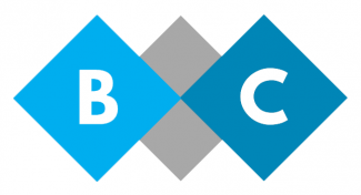 Logo with blue and grey squares with the letters B & C overlayed